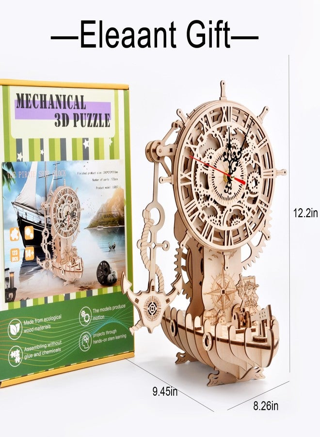 varbertos 3D Wooden Puzzle Mechanical Clock - Pirate Ship DIY Model Kit for Adults & Teens, Build-Your-Own Wood Craft, Working Clock, Unique Gift & Nautical Home Decor - Image 5